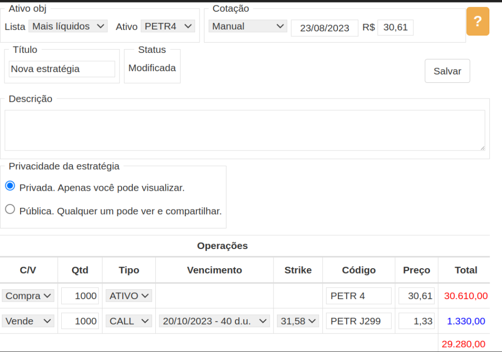Simulação Renda Extra com Investimentos de Venda coberta com PETR4.